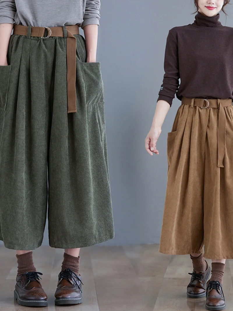 

Женские вельветовые брюки с широкими штанинами, свободного кроя, с поясом, повседневные, с высокой талией, из смесового хлопка, весна-лето-осень, модные женские брюки