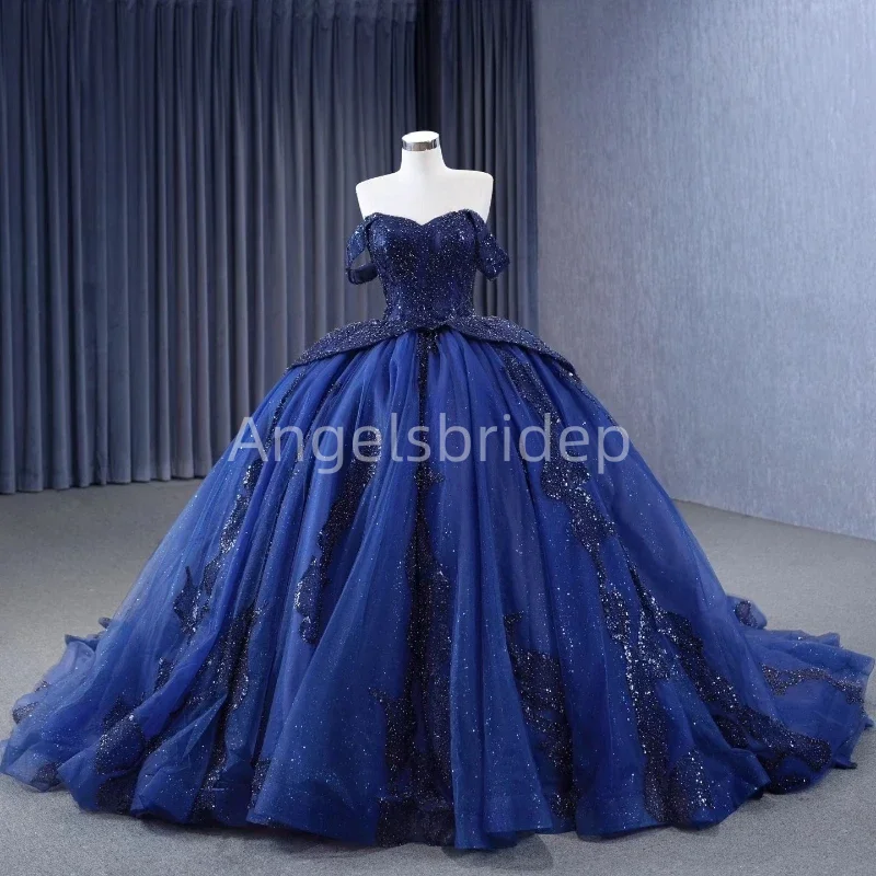 Angelsbride-vestido De baile azul marino para niña, traje De Quinceañera con cuentas, apliques escalonados, 15