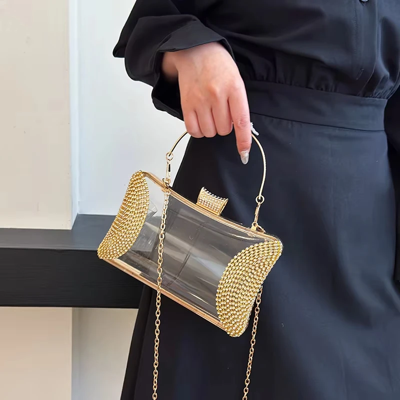 PVC Transparent Shoulder Crossbody Bag Rhinestone Thick Chain Ladies Small Purse and Handbags Fashion Jelly Summer Beach Totes