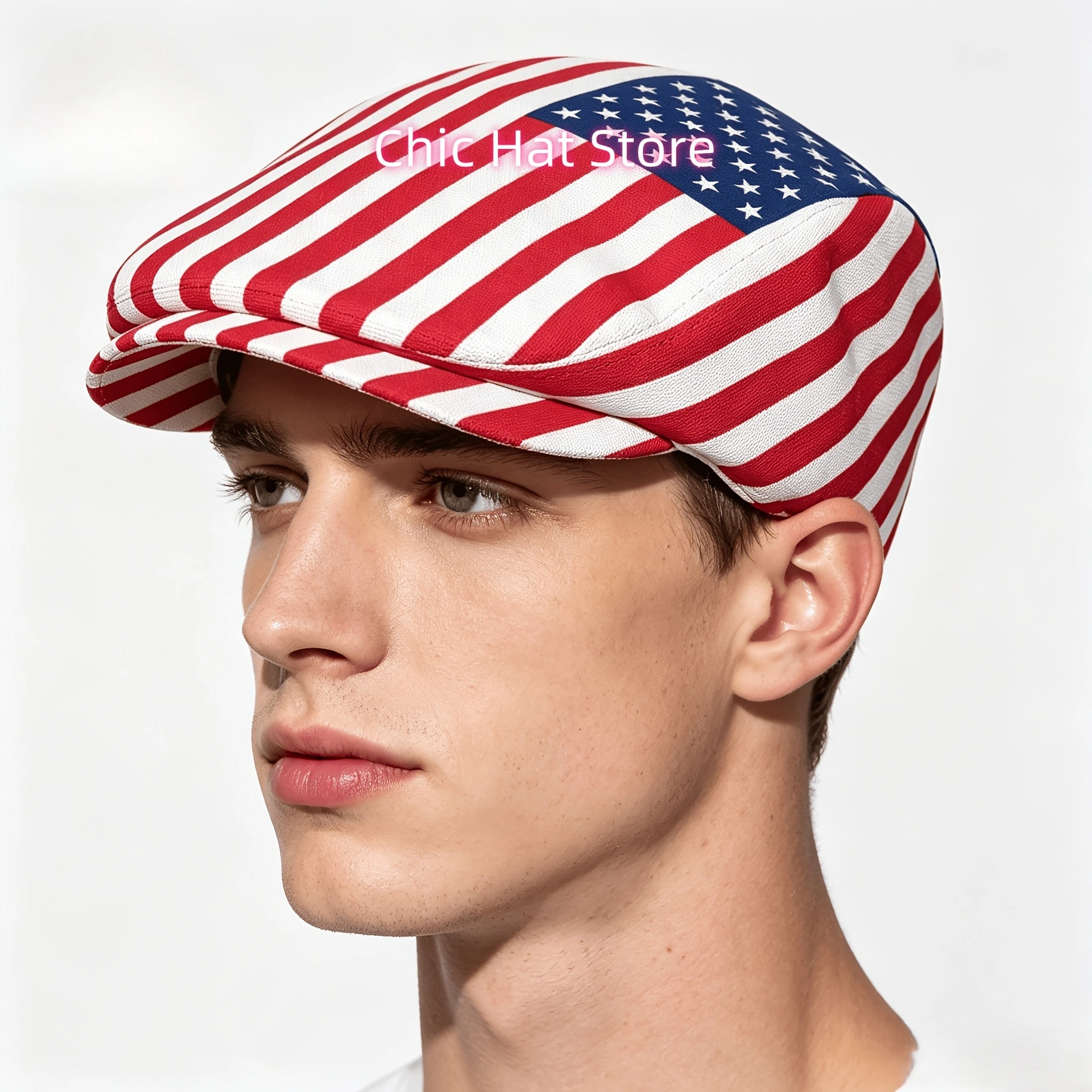 1pc Classic American National Flag All-Over Print Flat-Top Hats for Men And Women, Newsboy Caps, Berets, Irish Hats, Driver Caps