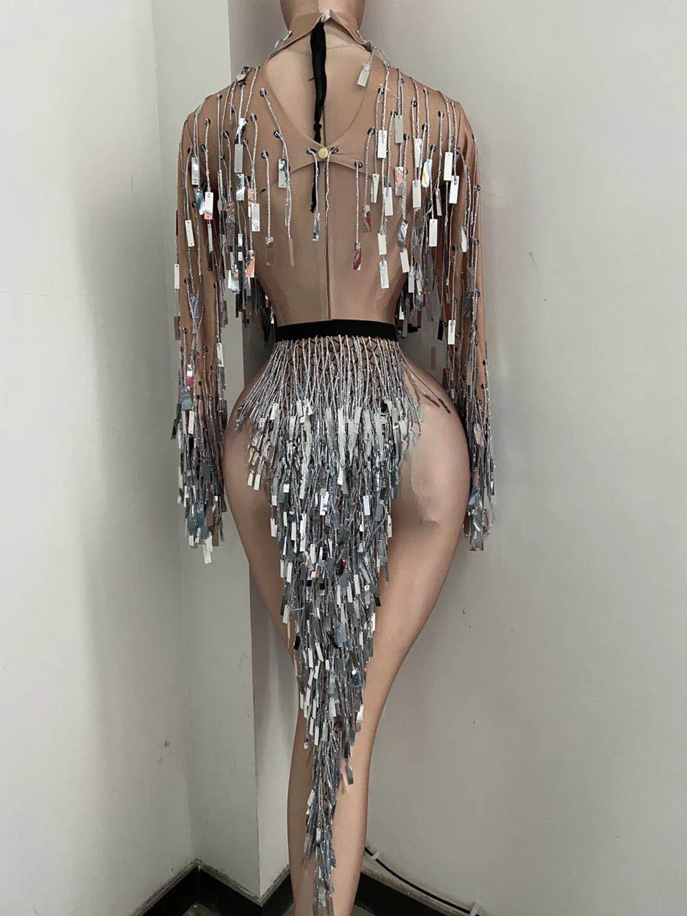 Flashing Silver Sequins Fringe Split Dress Women Nightclub Dance Costume Performance Stage Show Clothes Birthday Rave Outfit