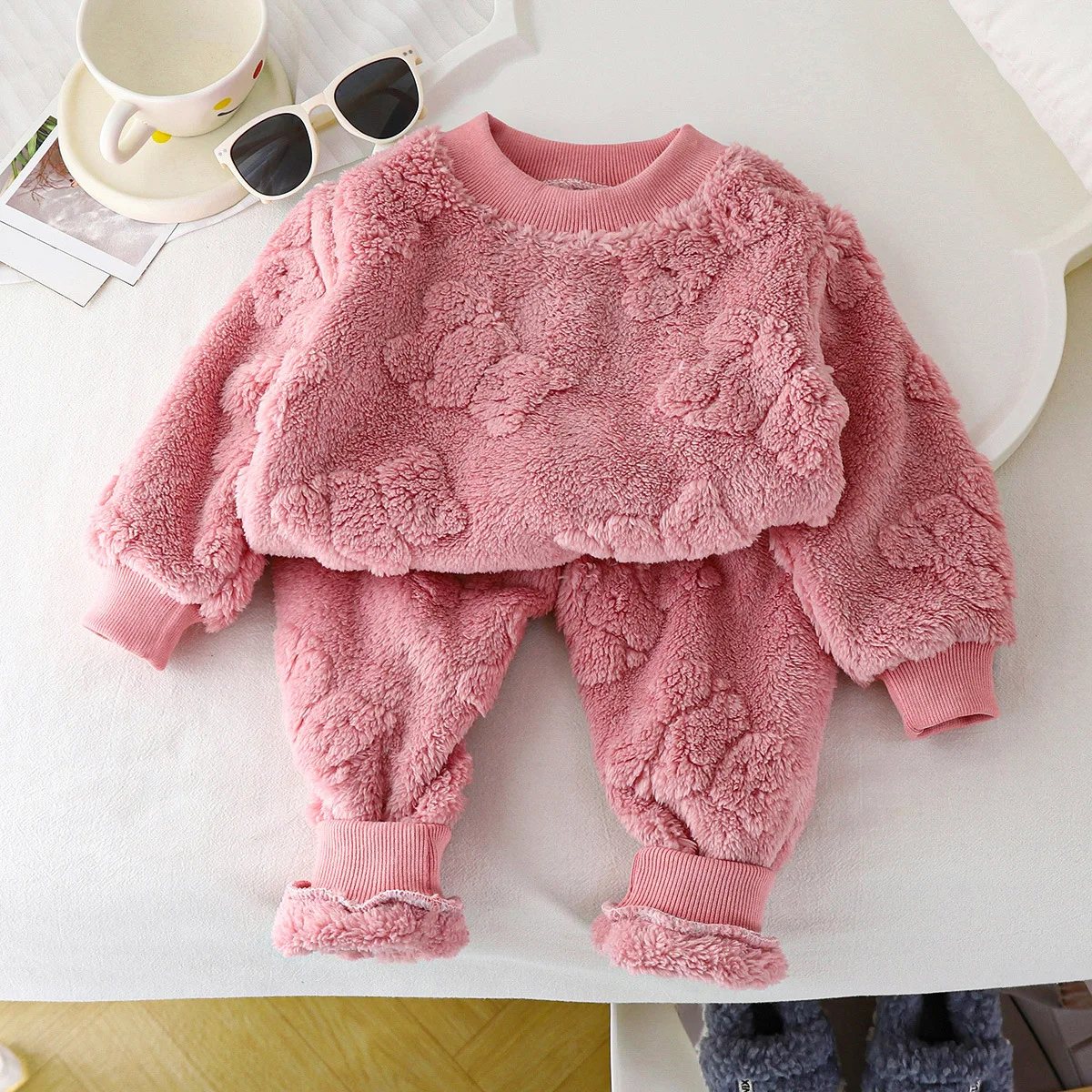 Winter New Childrens Boys 2PCS Pajama Set Plush Thick Warm Bear Pullovers Loose Hairy Pants Suit Kids Baby Boys Sleepwears