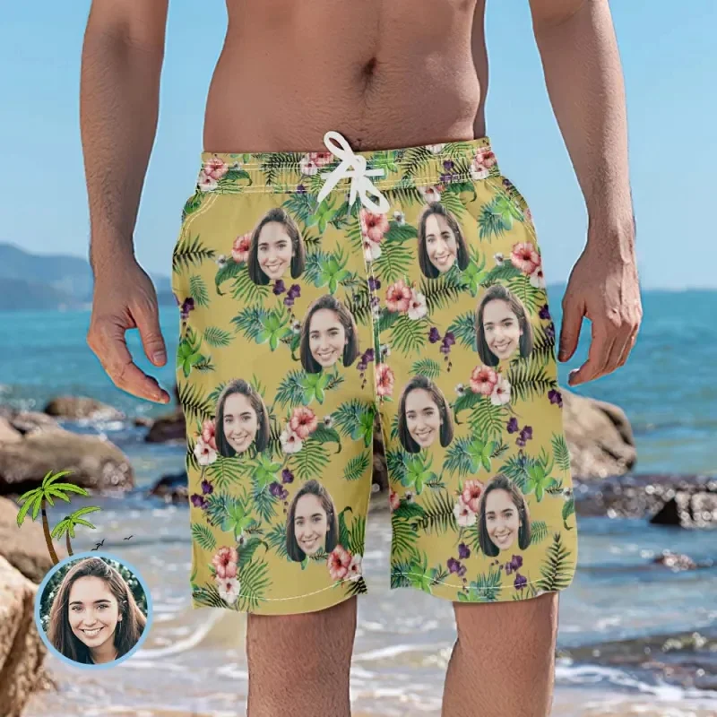 Cute Diy Face Custom Men Shorts Flowers Foliage Hawaii Beach Shorts 3D Print Unisex Sport Board Gym Ice Short Pants Swim Trunks