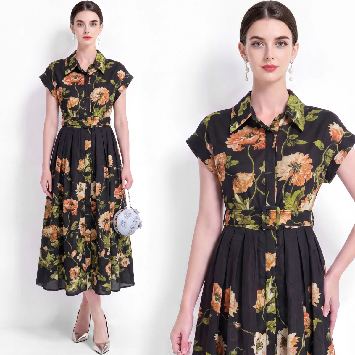 Women’s Black Floral Midi Dress Short Sleeve Lacep Ruffled Hem with Belt Boho Chic Summer Dress for Beach Travel