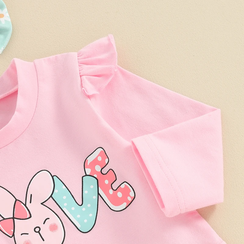 

Baby Girl Easter Clothes Letter Print Long Sleeve Ruffled T-Shirt with Bunny Pattern Pants and Headband Outfit