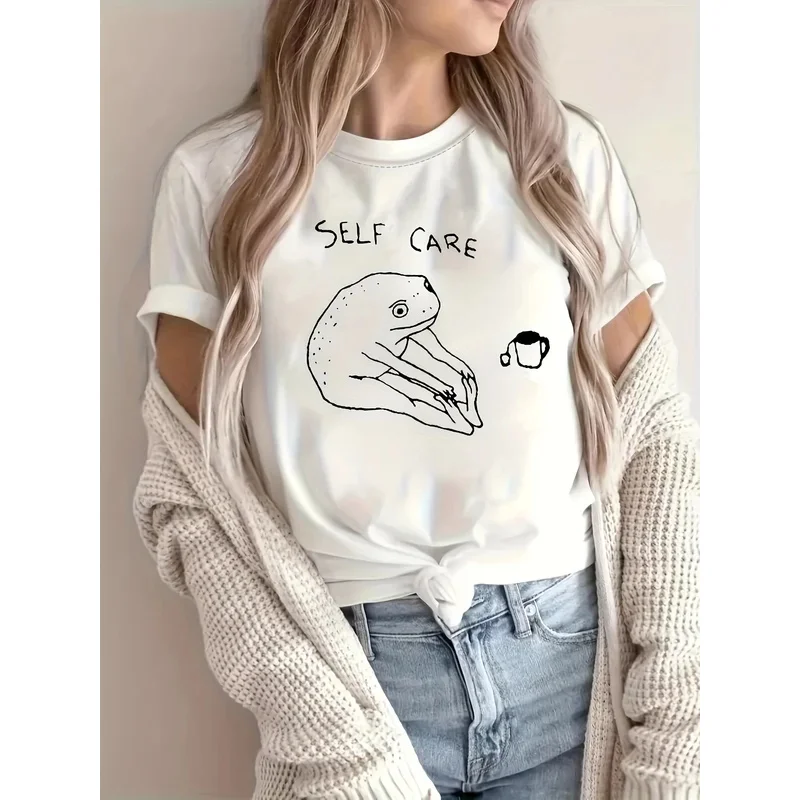 Self care frog print crew neck T-shirt, casual short sleeve summer top, women's clothing