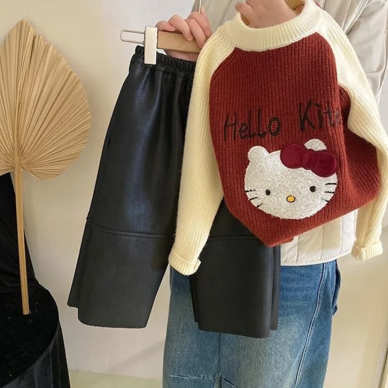 

Kawaii Hello Kitty Sanrio Children Cute Cartoon Comfortable Warm Knitwear Adding Fleece Blouse Trousers Christmas Gifts for Kids