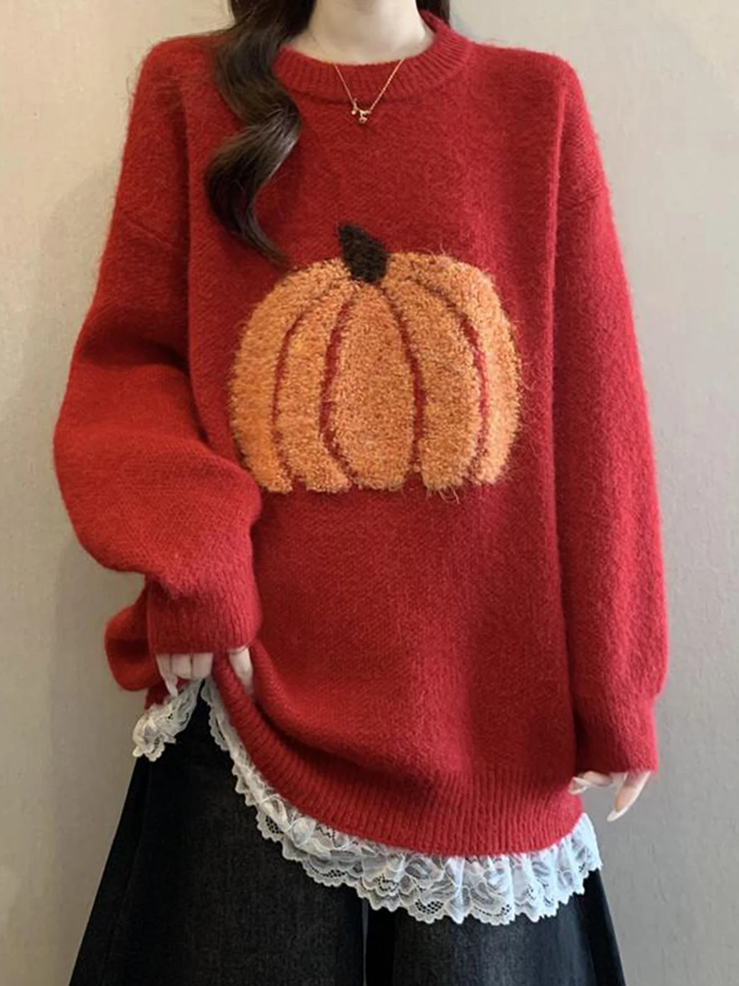 

Красный свитер с кружевными вставками и вышивкой в виде тыквы, женский, осенне-зимний, больших размеров, свободный, средней длины, вязаный топ, модный