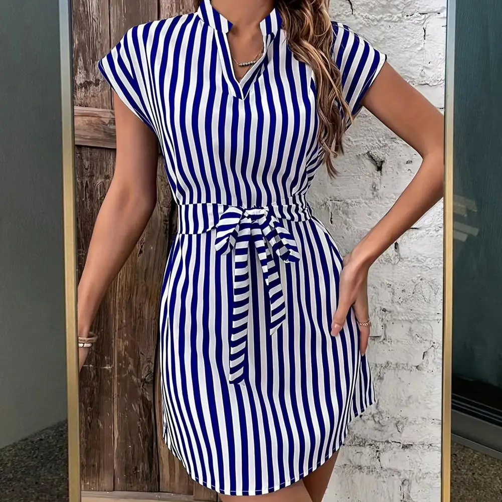 

Life Dress Striped V-neck Mini Dress with Waist-cinching Ties for Women Office Vacation Dress in Vertical Print Summer Short