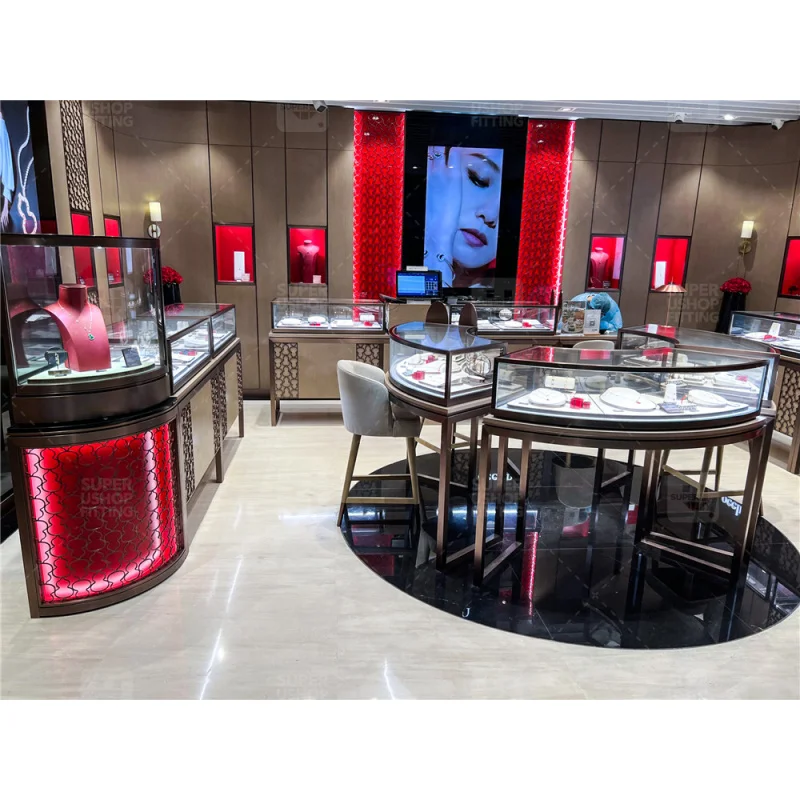 custom.Custom Interior Design Jewelry Store Decoration Furniture Round Led Lighting Stainless Steel Fine Jewelry Shop Counter Sh
