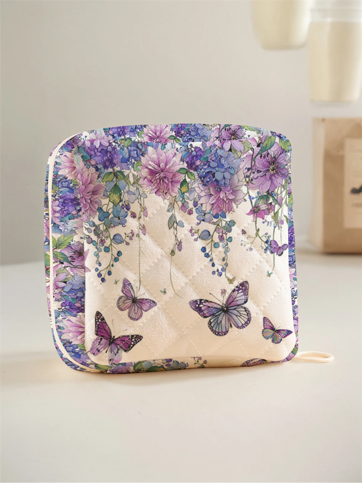 1 bolsa de almacenamiento de toallas sanitarias portátil, con patrones de mariposas florales y material de malla de diamante, tissu ligero para mujer