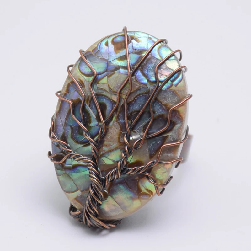 Vintage Natural Abalone Shell Tree of Life Finger Ring Antique Copper Wire Wrap Resizable Female Women Fashion Jewelry