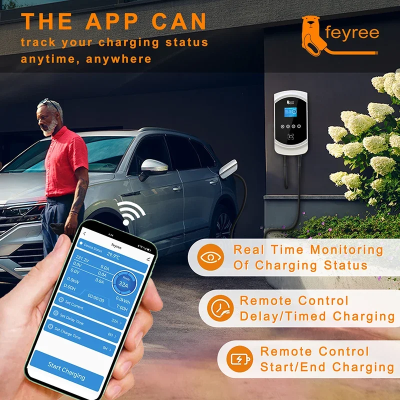 Feyree EV Charger 32A 7.6KW caricabatteria da auto per veicoli elettrici EVSE Wallbox 11KW 22KW 3Phase Type2 Cable IEC62196-2 Socket APP Control