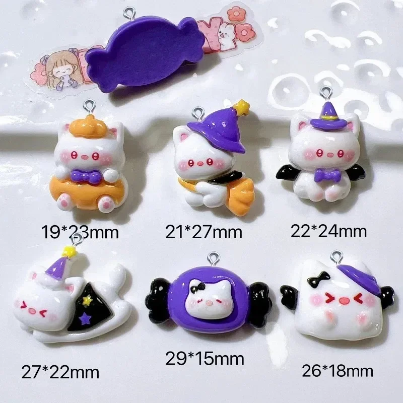 10Pcs Halloween Bat, Cat, Broom & Candy Resin Pendants Spooky Charms Handcraft Findings for DIY Earrings Necklaces Keychains