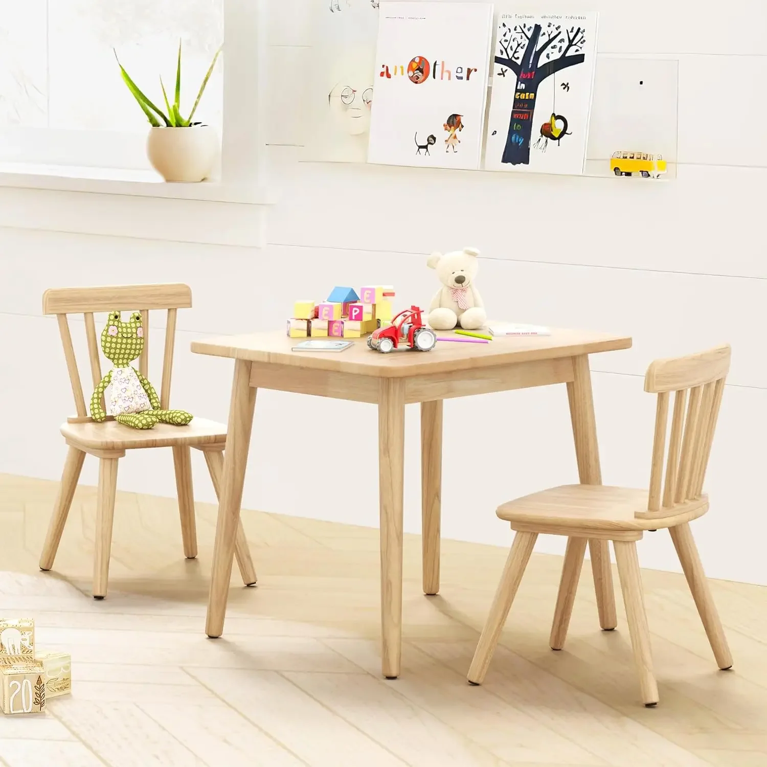 Conjunto de mesa infantil e 2 cadeiras, conjunto de mesa e cadeira de madeira de borracha para arte, brincar, artesanato, atividades, mesa infantil com