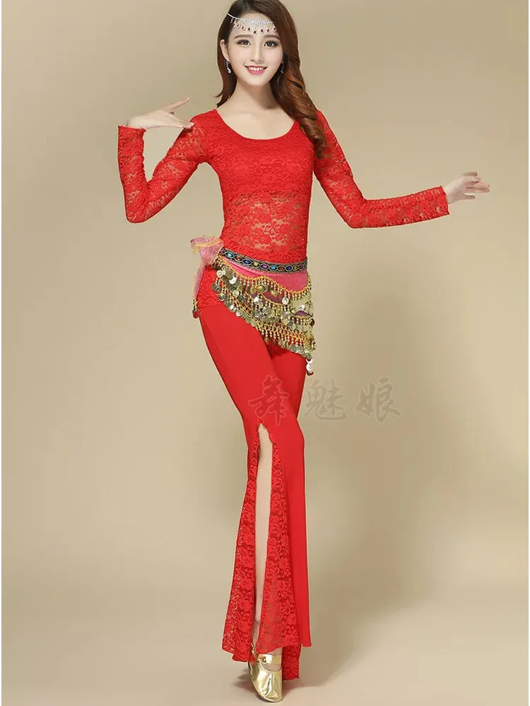 Lace Patchwork Oriental Costume Pants Dance Jazz Solid Color Halloween Women Adult Latin Clothes High Waist Festival Trousers