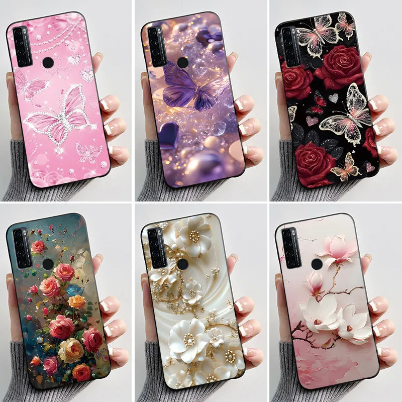 Para TCL 20 SE Funda 20SE Flor de silicona pintada TPU Funda negra para TCL 20 SE Funda TCL20SE TCL20 SE Protector Coque etui Shell