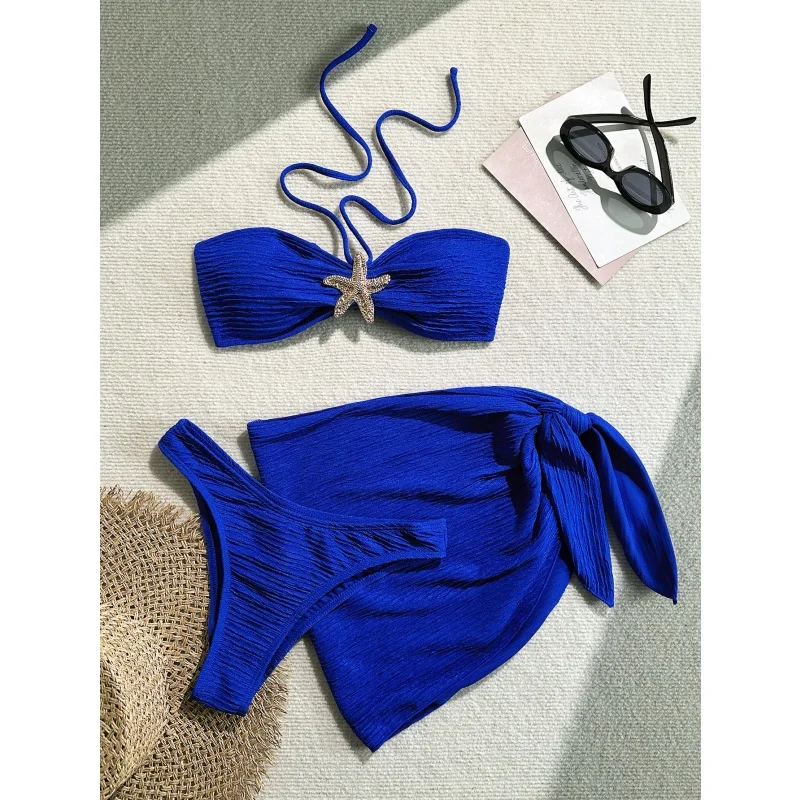 Metall Seestern Bandeau Bikini Set Damen Bademode Split Bikini Push Up Bandage Rock Cover Up 2025 Neue Urlaub Beachwear 3-teilig