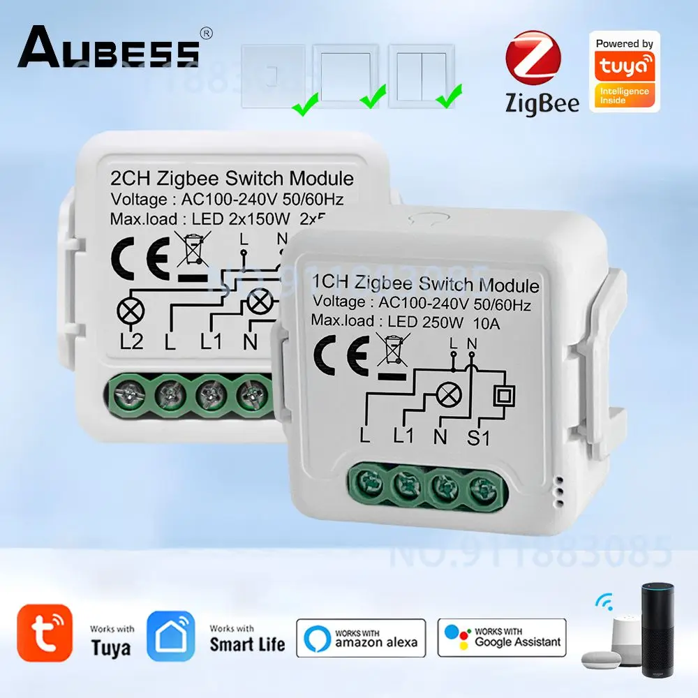 

Смарт-выключатель Aubess Tuya Zigbee, умный модуль для умного дома, автоматический выключатель с 1/2 клавишами, работает с Alexa Google Home, поддержка двухстороннего управления