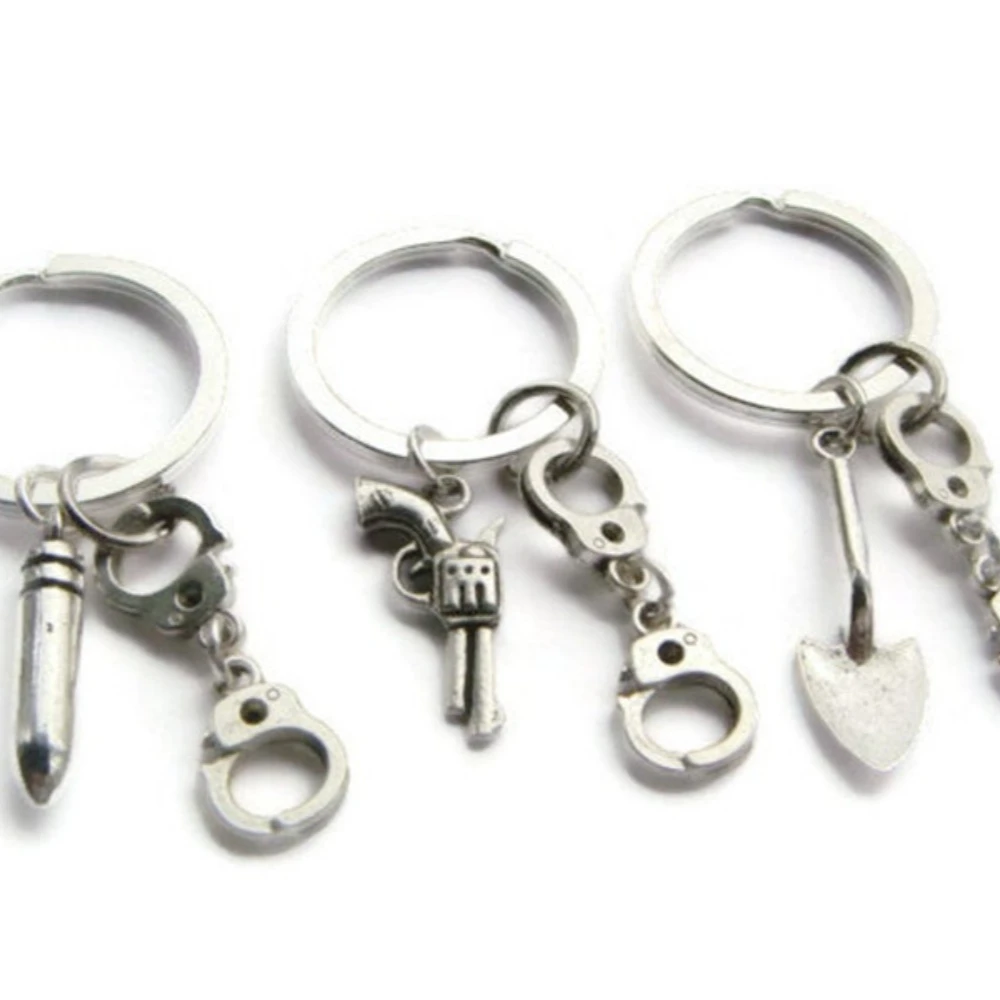 3pcs Set Sliver Color Pistol Bullet Head Sapper’s Shovel Keychain for Women Men Friendship Keychain Jewelry Sets Accessory Gifts