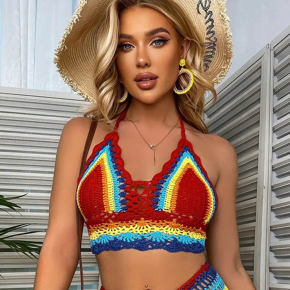 Crochet Bikini Colorful Knitted Striped Off Shoulder Top+Bottom Bikini Beachwear Bathing Suit Beach Women Swimsuit Bathing Suit