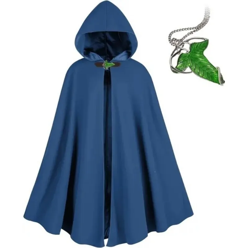 2PCS/SET Medieval Men's Hooded Cloak Outfit Cape with Leaf Brooch  Dark Green Long Fabric  Full Set for Hobbit  Stage Cosplay