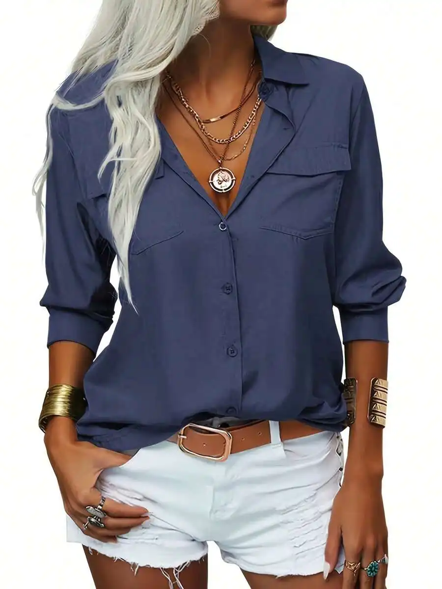 

Women Dark Blue Long Sleeve Button Down Casual Shirt Summer Top
