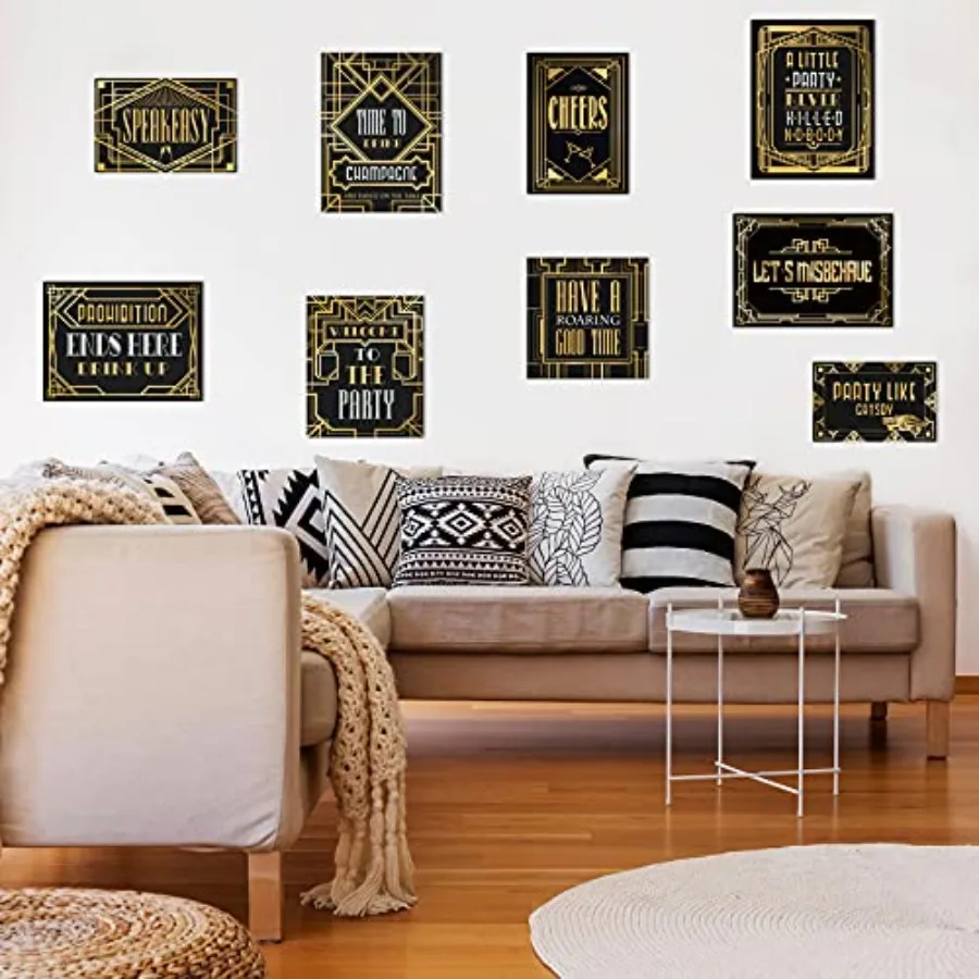 LINGXIU 9 قطع هداف 20s زينة الحفلات الأسود والذهبي ريترو حفلة الجاز هدير عشرينيات علامات الحائط مجموعة الزينة ل