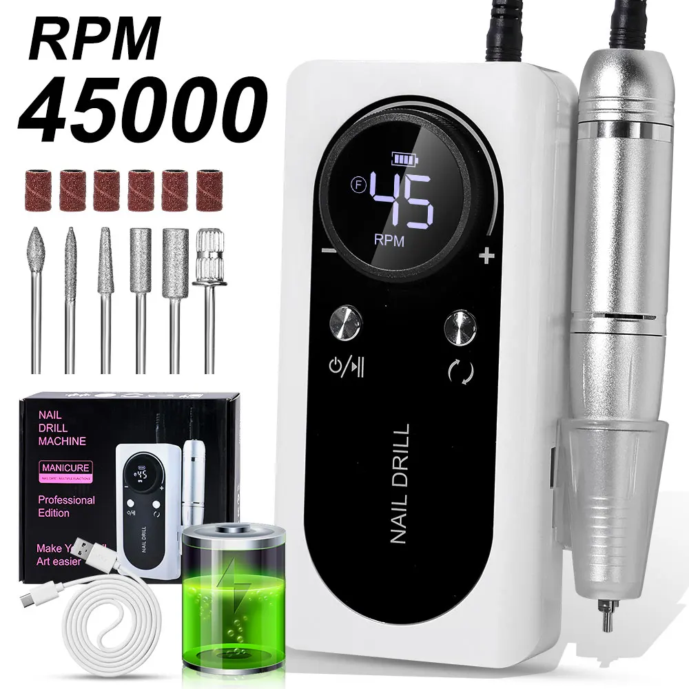 

45000RPM Professional Electric Nail File Rechargeable Electric Nail Drill Low Noise Nail Sander File for Manicure Salon Tool