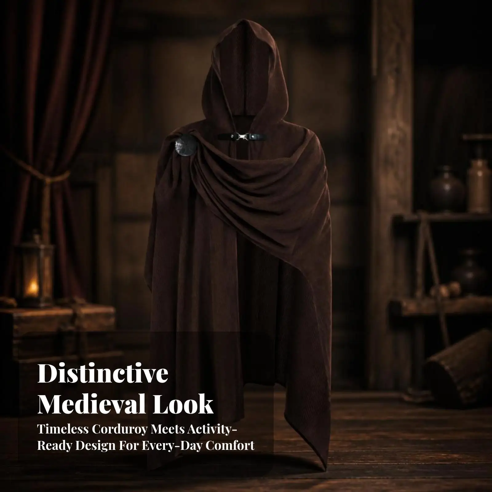 Medieval Cloak Unisex Hooded Cape Corduroy with Gathers and Brooch for Halloween Costume Accessory