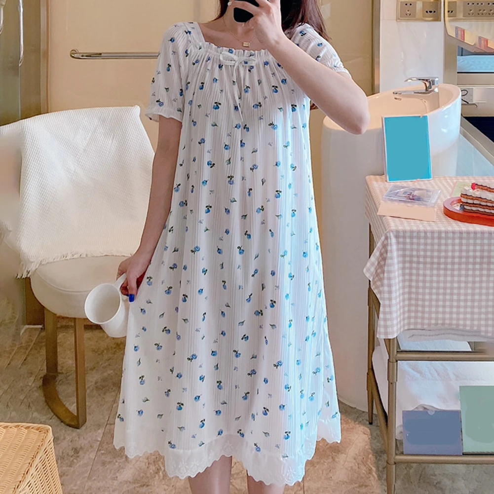 Home Use Blue Floral Nightdress Comfortable Home Dress Medium-length Nightdress Microelasticity Fabric Printed Pattern