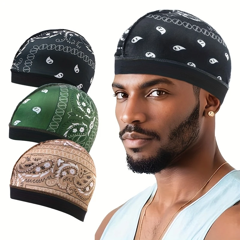 3pcs Paisley Elastic Round Hat Set Faux Pirate Cap Hair Loss Wig Headband for Hip-Hop Singers Warm Winter hat for cold weather