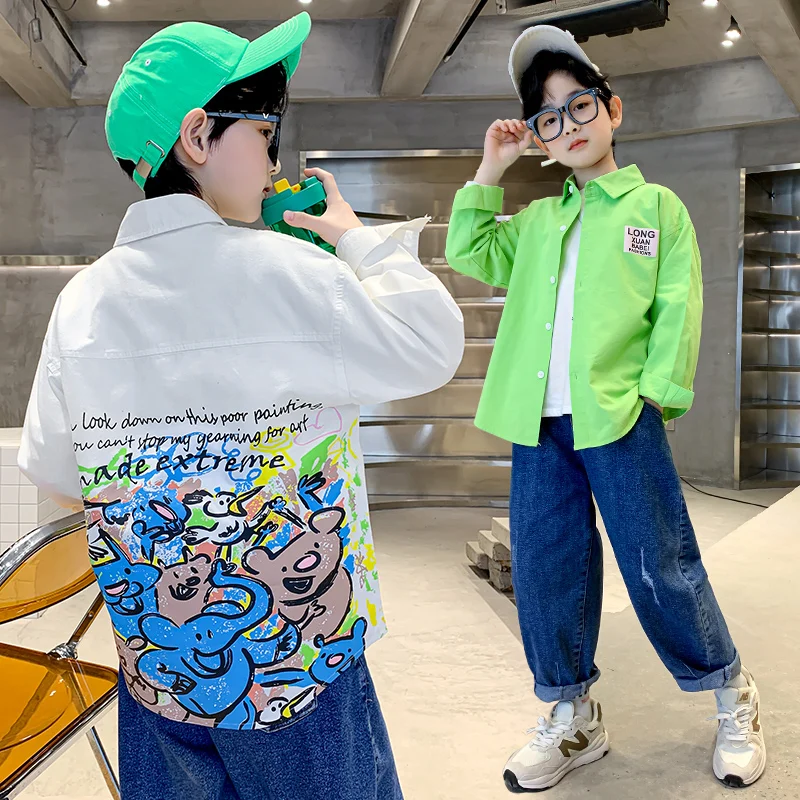 

Spring Summer Boys Shirts Cartoon Printing Cotton Shirt Coat Kids Clothes Teenage boys White Shirt Long Sleeve Tops for Children