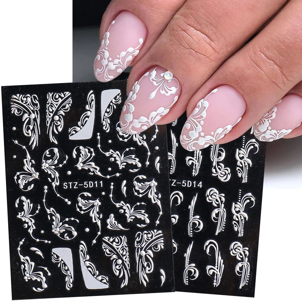 5D Acrylic Nail Stickers White Wedding Nail Design Engraved Lace Sliders Monogram Decals Winter French Manicure Design GLSTZ5D-2