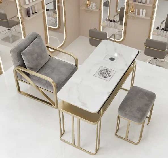 

##Luxury White Top Gold Metal Frame Single Mobile Nail Table Modern Design Manicure Table and Chairs