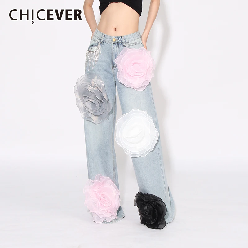 

CHICEVER Patchwork Appliques Denim Pant For Women High Waist Streetwear Loose Casual Wide Leg Jeans Female Fashion New Fashion