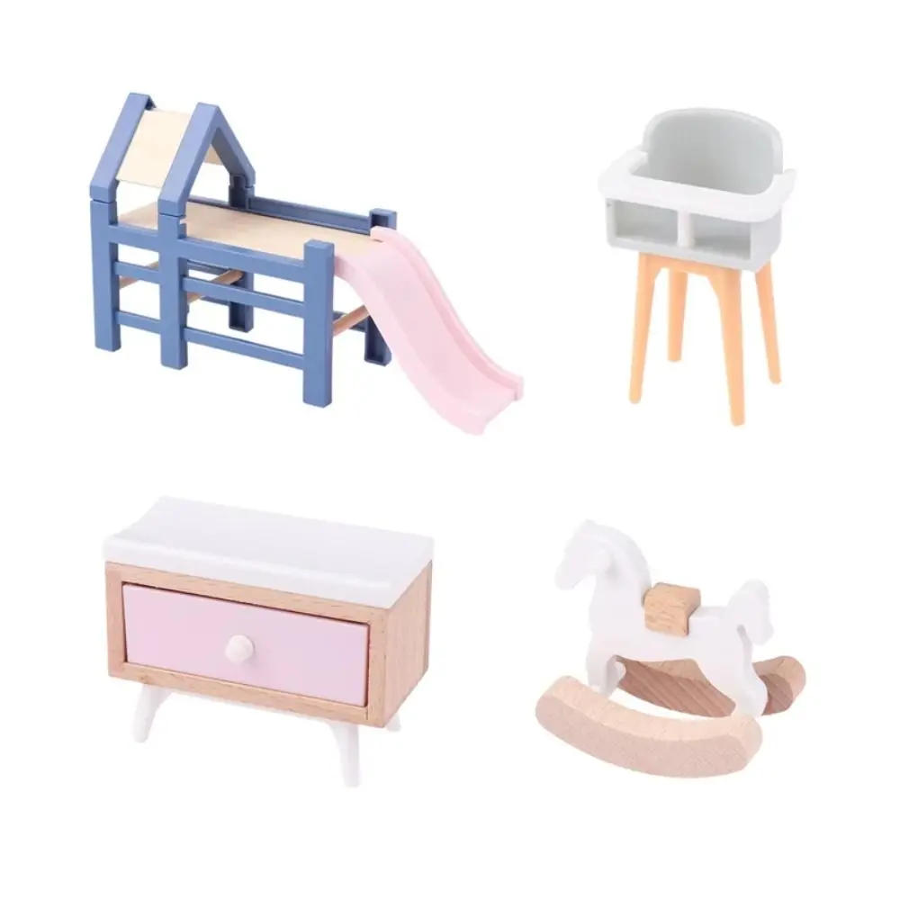 Pretend Play Toy Accessories for Kids, Dollhouse, Baby Bedroom, Mobiliário, Slide, Cavalo de Tróia, Mesa, Cadeira de Jantar, Cama, Escala 1:12