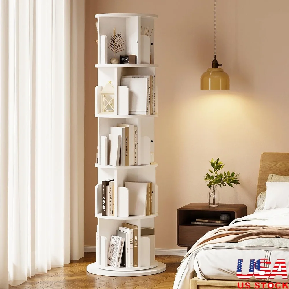 

360 Degree Rotating Bookshelf 5 Tier Wooden Storage Rack Small Corner Bookcase Floor Standing Organizer Small Spaces