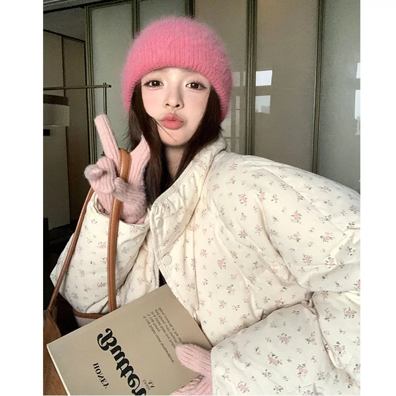 

Korean Style Small Size Coat Long Sleeve High Quality Fabric Sweet Floral Women's Short down Cotton Jacket Winter Thickened