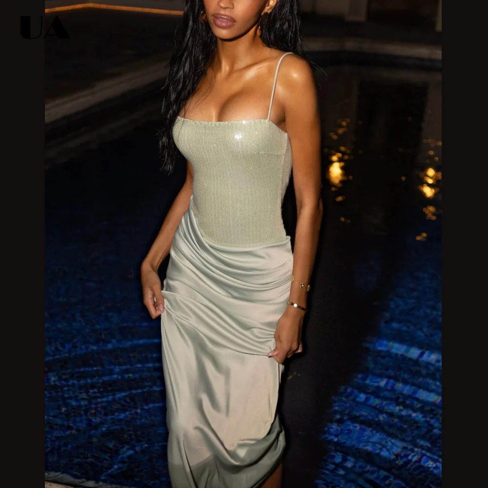 

ULBYANRY Sexy Sheath Spaghetti Strap Sequins Prom Dress for Woman Elegant Draped Evening Dress Customized Sleeveless Party Dress