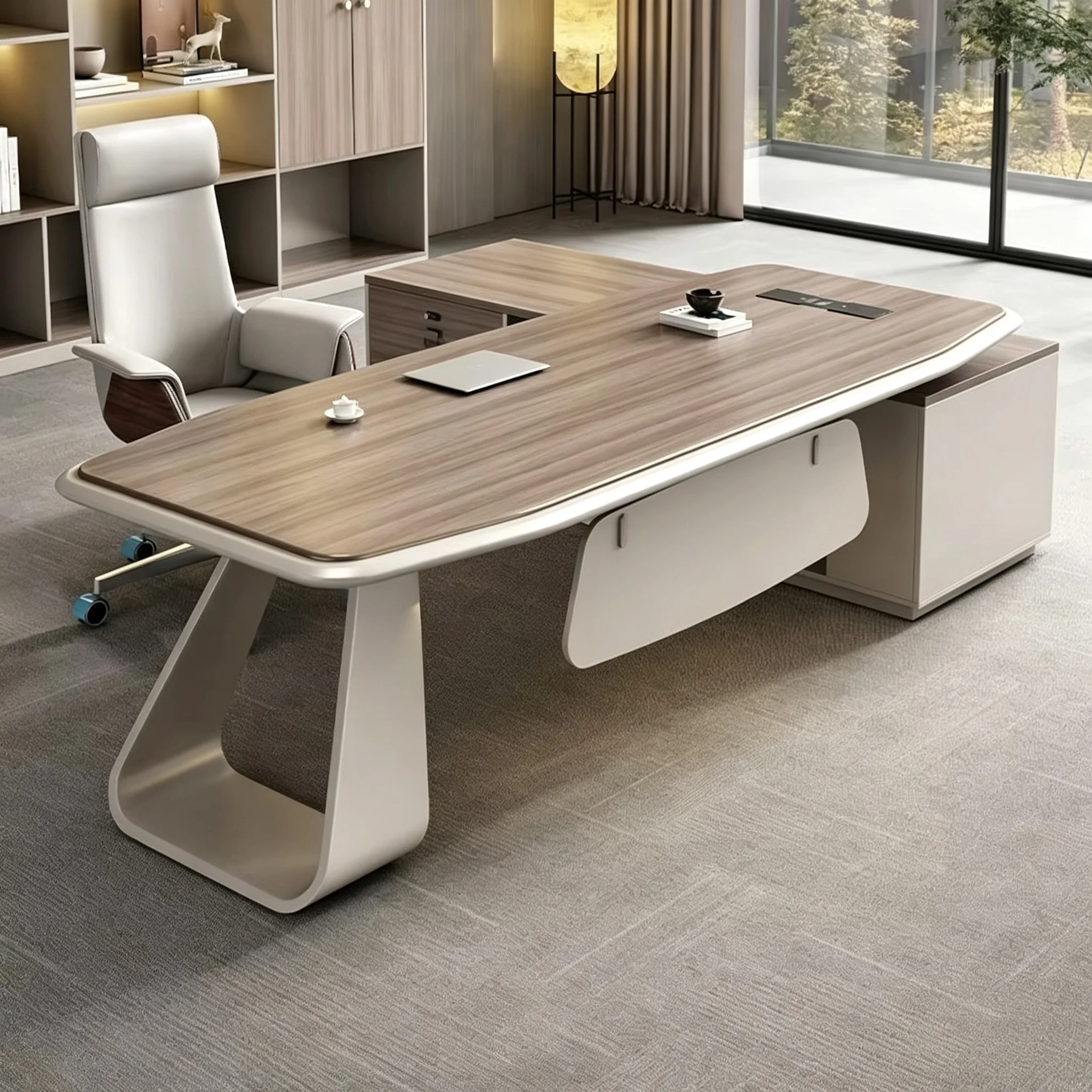 Modern Light Luxury L-Shaped Executive Desk Double Layer Side Storage Cabinet Aluminum Alloy Frame For Office