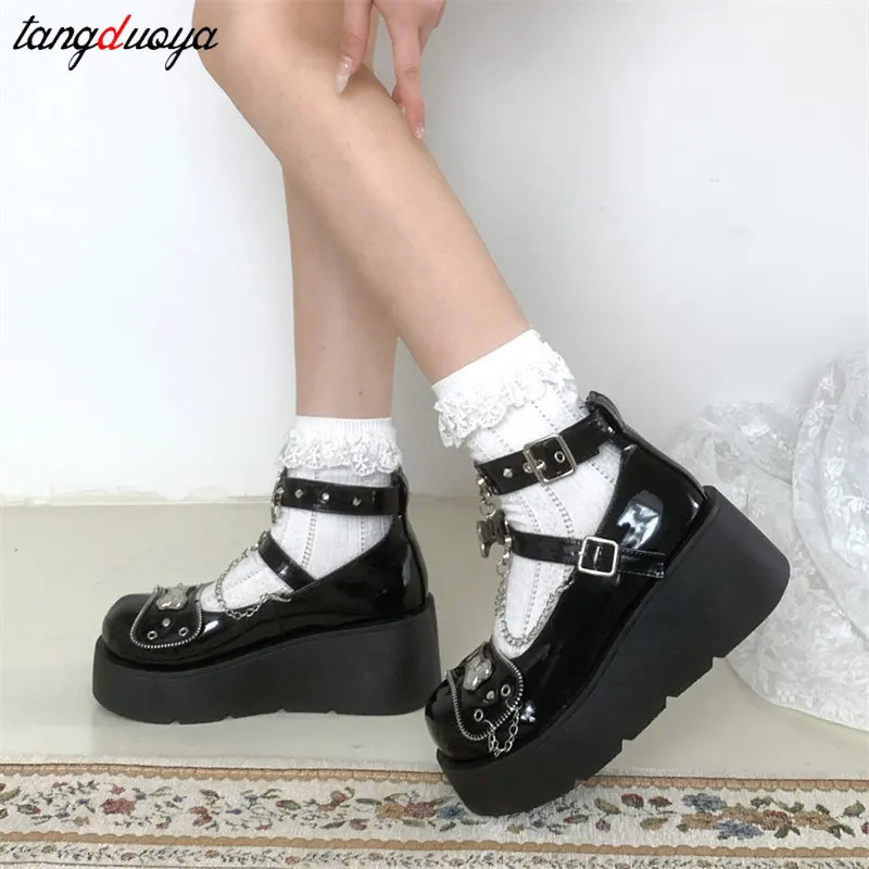 Punk Metal Chain Chunky Platform Lolita Shoes Women New Y2K Thick Bottom leather Shoes Woman Black Gothic Ankle buckle pumps