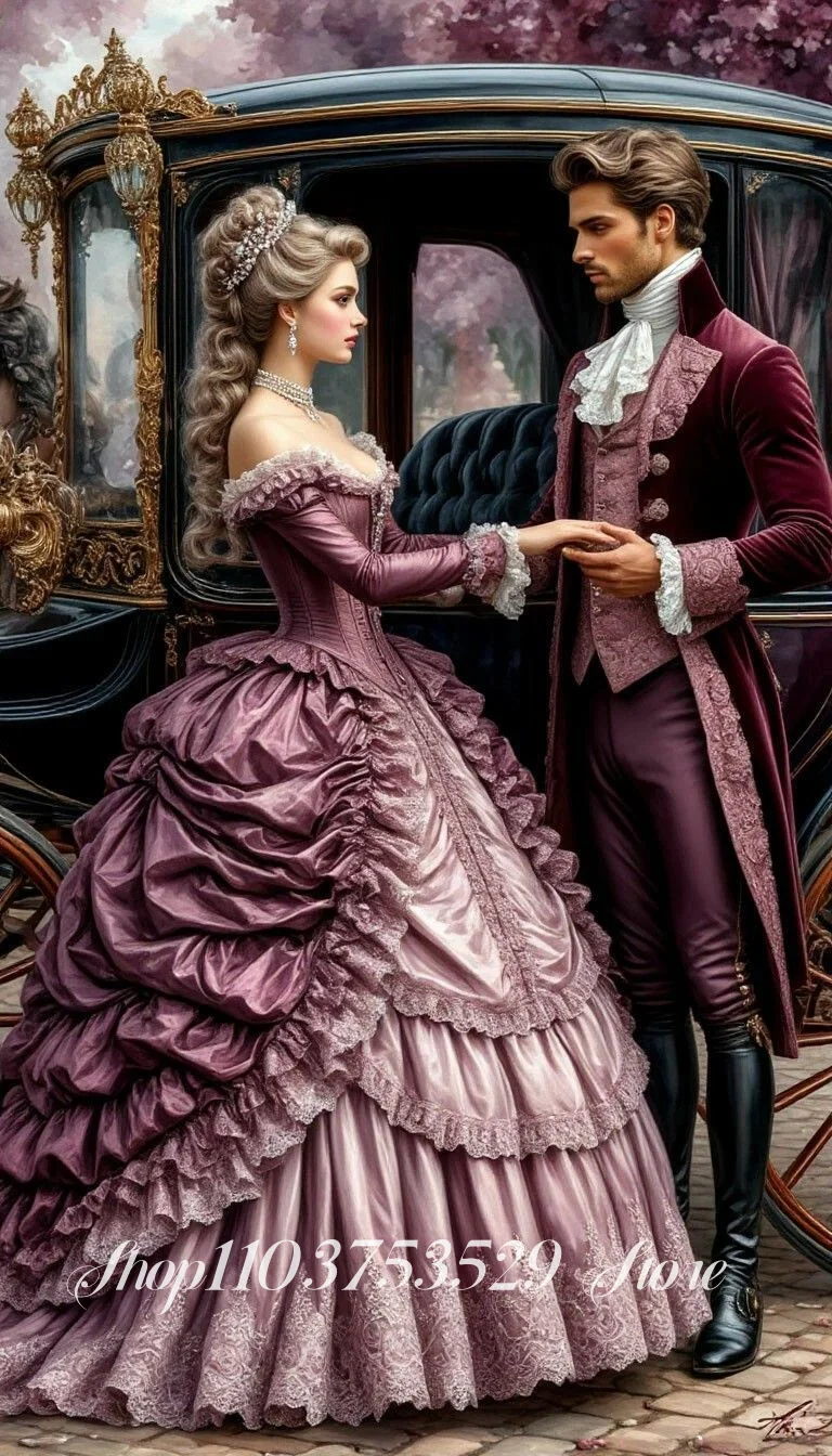 مخصص الأرجواني الفاخرة فستان الزفاف الفيكتوري المطرزة مشد الدانتيل تكدرت منتفخ ثوب الزفاف خمر ثوب الزفاف الزفاف