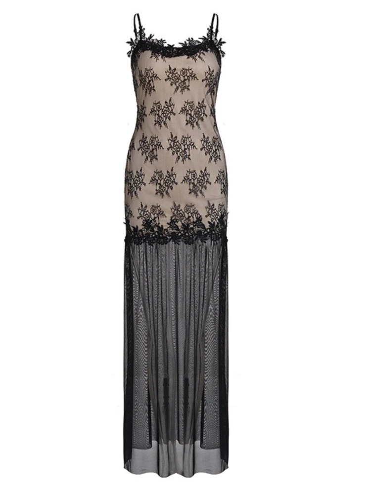 SsTss Sexy durchsichtiges Mesh-Spitzen-Maxikleid für Damen, elegantes Spaghettiträger, ärmellos, durchsichtig, schlankes langes Kleid für besondere Anlässe