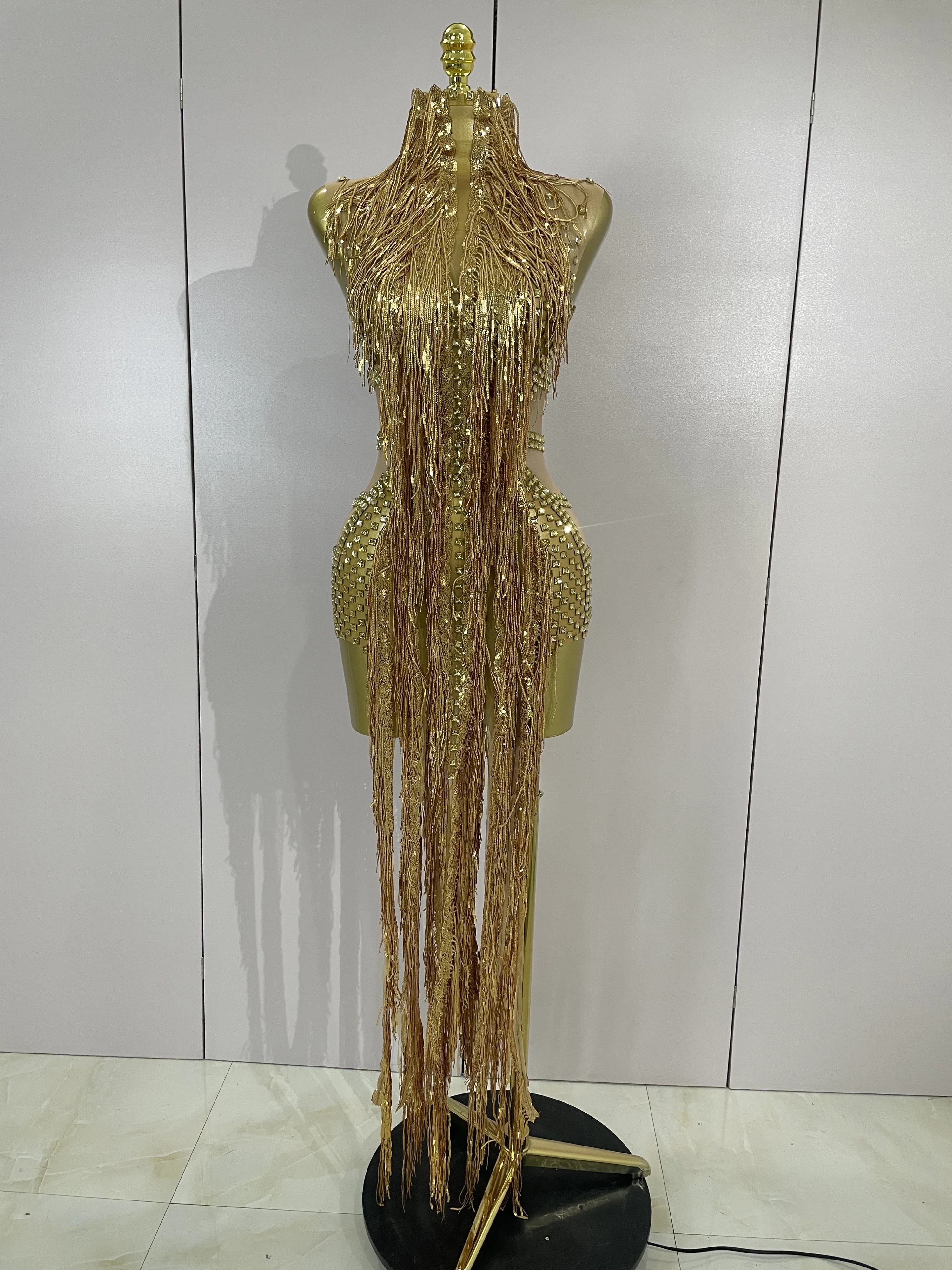 

Women Sexy Mesh See Through Sparkly Gold Diamonds Long Tassels Mini Dress Nightclub Bar Show Birthday Evening Party Stage Wear