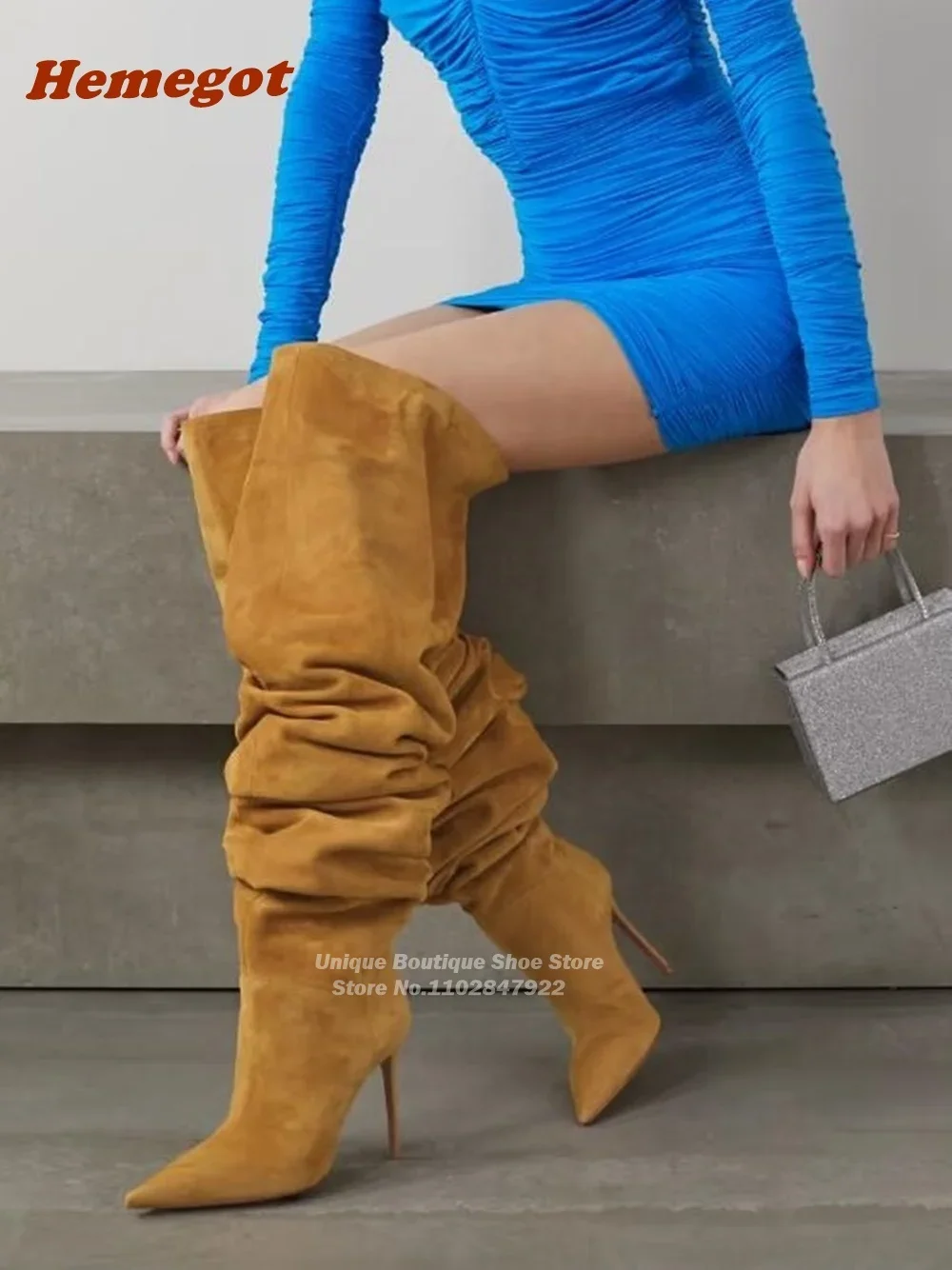 

Замшевые Сапоги выше колена на шпильке, плиссированные с острым носком, однотонные зимние сапоги без застежек для женщин, коричневые теплые женские сапоги, привлекательная обувь размера плюс 46