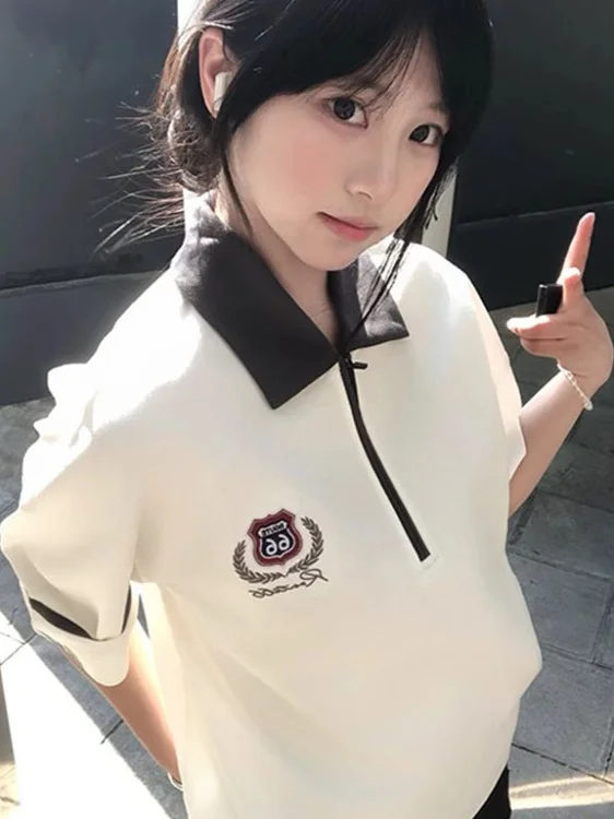 تي شيرت بولو بأكمام قصيرة مطبوع عليه شارة نصف سحاب على الطراز الأمريكي للفتيات والأطفال الكبار في الصيف لطلاب المدارس المتوسطة