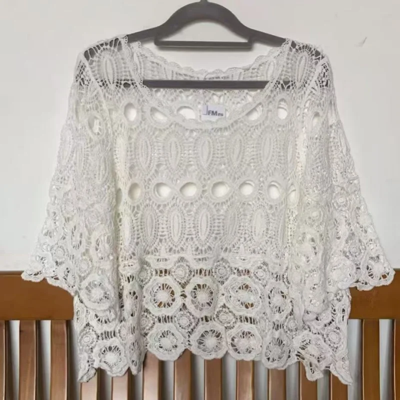 REALEFT Sommer Vintage Spitze Häkeln Aushöhlen frauen Blusen 2025, Neue Stickerei Halbe Hülse O-ansatz Shirts Tops für Frauen