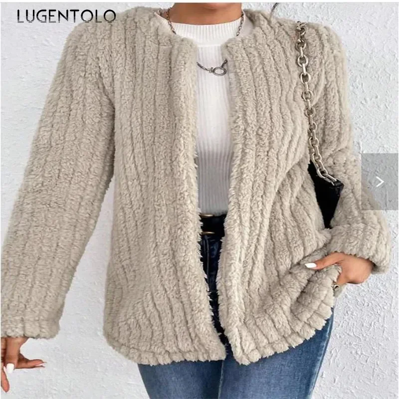 

Women Plush Jacket Cardigan Solid Casual Loose Round Neck Spring Autumn Lady New Fashion Coats