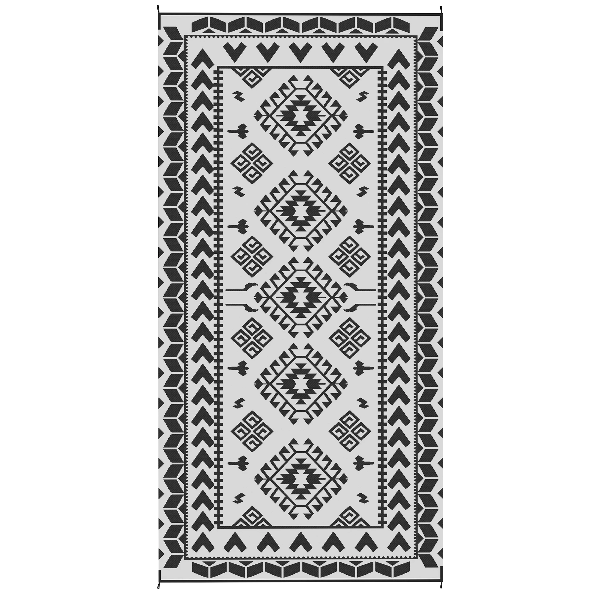 Reversible Outdoor Rug, Waterproof Plastic Straw with Carry Bag, 9' x 18', Black & White Rhombus Patchwork